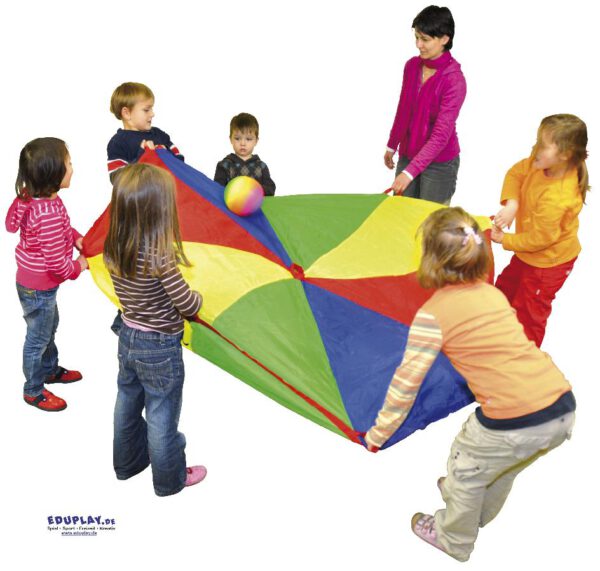 Schwungtuch Mit vereinten Kräften ... wenn alle Kinder gleichzeitig schwingen, fliegen die Bälle oder Luftballons in die Höhe. Spielspaß für drinnen und draußen. Fördert die Auge-Hand-Koordination und das Gefühl für Rhythmus - Kisus e.K. - Kinder, spiel und spaß - Kindergartenbedarf