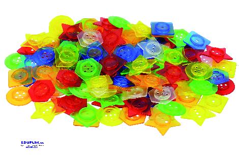 Fädelknöpfe transparent 144 Stück mit 6 Schnüren 9 Formen in 6 Farben ... Sortiert nach Farben, Formen, in Regenbogenfarben oder nach abwechselnden Eigenschaften können die transparenten Knöpfe auf die Schnüre gefädelt werden.