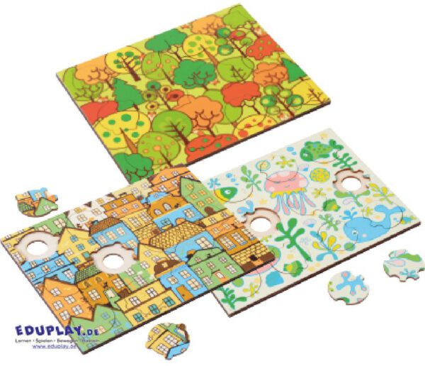 Phantasiepuzzle-Set Themen Kunterbunte Motive und Puzzleformen erkennen und zuordnen ... Bäume, Häuser, Fische und Mandala-Motive - die farbenfrohen Phantasiepuzzle animieren Kinder sofort zum Spielen. Jedes Holz-Puzzle hat 12 individuell geformte Teile, die sich nur an einer ganz bestimmten Stelle einfügen lassen. Die Kinder können sich beim Puzzlen an den Motiven und an den Formen der Puzzleteile bzw. der Aussparungen in den Puzzleplatten orientieren. Zwei der Mandala-Puzzle (mit einfarbigem Hintergrund) sind nur über die Teile-Form zusammenzufügen. Durch die Aussparungen an der Unterseite der Puzzleplatte lassen sich die Einzelteile ganz leicht entnehmen. Die Phantasiepuzzle fördern Konzentration, Wahrnehmung und Denkvermögen. Anhand der verschiedenen Schwierigkeitsgrade können Pädagogen den Entwicklungsstand der Kinder einschätzen.