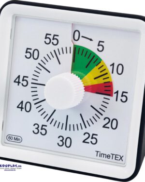 Mini-Timer mit Ampelscheibe Kompakte, lautlose Zeitdauer-Uhr mit Ampelscheibe Die rückwärts laufende Uhr zeigt analog auf die Minute, wie viel Zeit bis zur Erledigung der Aufgabe verbleibt. Grün-gelb-rote Bereiche auf der Ampelscheibe visualisieren die verbleibenden Zeitzonen innerhalb der letzten 15 Minuten von 7 + 5 + 3 Minuten. Nach Ablauf der Zeit ertönt ein Signalton, Dauer und Lautstärke sind einstellbar. Die Darstellung der verbleibenden Zeit auf einem bekannten Uhr-Zifferblatt hilft den Schülern, die Einteilung der Zeit selbstverantwortlich vorzunehmen. Durch den breiten Boden steht die handliche Uhr mit Schutzglas absolut sicher. Mit einem gut greifbaren Drehknopf kann die Zeit eingestellt werden.