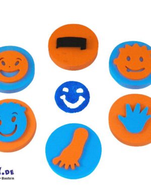 Handflächenstempel Fun 6er Set Set von 6 lustigen Themen-Handflächenstempel ... Hand, Fuß, 4 lustige Gesichter - lachend (ohne Haare), lächelnd (ohne Haare), lächelnd (gewelltes Haar), lächelnd (stacheliges Haar).