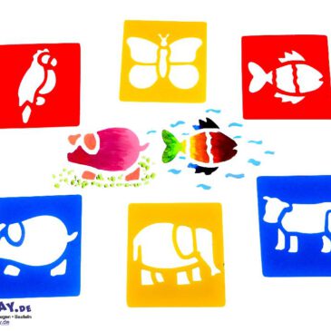 Stencil Tiere 6er-Set mit Tiermotiven ... abwaschbare Kunststoffschablonen (Fisch, Schmetterling, Kuh, Elefant, Schwein und Papagei). Ideal für die Verwendung mit Farben, Buntstiften, Bleistiften und Filzstiften. Aus robustem Kunststoff, leicht abwaschbar und immer wieder verwendbar. Diese farbenfrohen Kunststoffschablonen sind für den Gebrauch durch Kinder gedacht. Sie fördern die Kreativität und die Koordinationsfähigkeit zwischen Hand und Auge. Kisus e.K. - Kinder, Spiel und Spaß