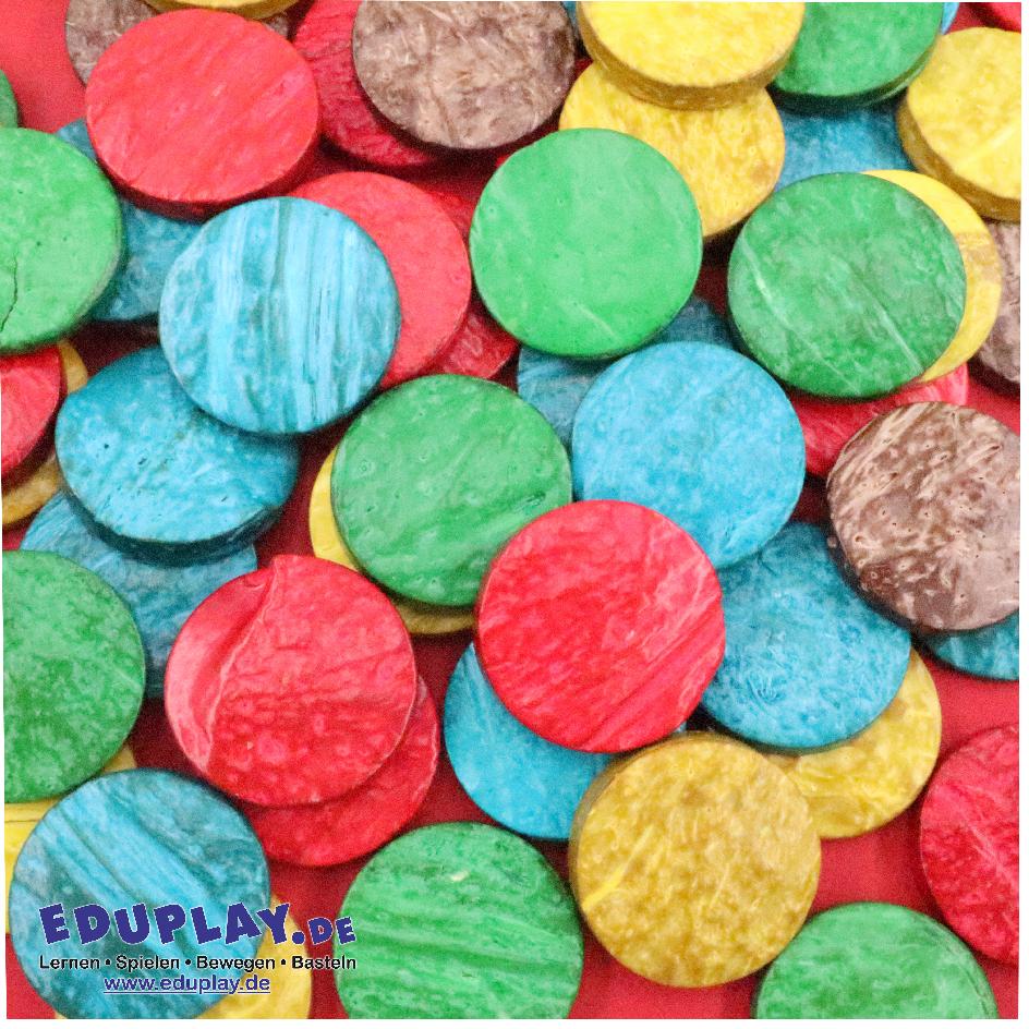 Kreise aus Kokosnussschalen bunt 250g Kokosnussschalen-Kreise ... in verschiedenen Farben (rot, gelb, blau, grün, natur). Diese haptischen, farbenfrohen Kreise können beim Basteln, Zählen und Sortieren verwendet werden. Die Scheiben können auf Karton und andere Materialien geklebt werden. Kisus e.K. - Kinder, Spiel und Spaß - Großhandel für Kita, Kindergarten, Krippe, Kinderkrippe, Hort und Schule - Bastelbedarf