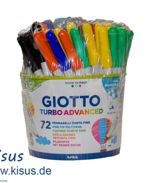 GIOTTO Turbo Advanced 72 Stifte in 12 Farben in der Dose (gelb, orange, rosa, rot, braun, lila, hellgrün, dunkelgrün, hellblau, dunkelblau, grau, schwarz) Fasermaler mit feiner Spitze auf Wasserbasis. Dank der leichtauswaschbaren Tinte ist die Farbe mit Seife und warmem Wasser abwaschbar. Robuste, langlebige Faserspitze (Ø 2,8 mm), ventilierte Kappe. - Kisus e.K. - Kinder, Spiel und Spaß - Foto: Florian Schmilinsky