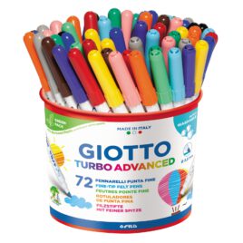 GIOTTO Turbo Advanced 72 Stifte in 12 Farben in der Dose (gelb, orange, rosa, rot, braun, lila, hellgrün, dunkelgrün, hellblau, dunkelblau, grau, schwarz) Fasermaler mit feiner Spitze auf Wasserbasis. Dank der leichtauswaschbaren Tinte ist die Farbe mit Seife und warmem Wasser abwaschbar. Robuste, langlebige Faserspitze (Ø 2,8 mm), ventilierte Kappe.