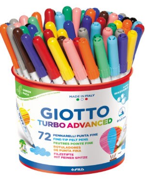 GIOTTO Turbo Advanced 72 Stifte in 12 Farben in der Dose (gelb, orange, rosa, rot, braun, lila, hellgrün, dunkelgrün, hellblau, dunkelblau, grau, schwarz) Fasermaler mit feiner Spitze auf Wasserbasis. Dank der leichtauswaschbaren Tinte ist die Farbe mit Seife und warmem Wasser abwaschbar. Robuste, langlebige Faserspitze (Ø 2,8 mm), ventilierte Kappe.