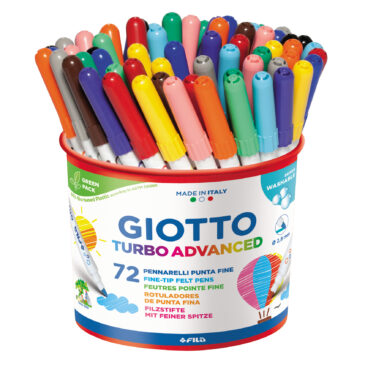 GIOTTO Turbo Advanced 72 Stifte in 12 Farben in der Dose (gelb, orange, rosa, rot, braun, lila, hellgrün, dunkelgrün, hellblau, dunkelblau, grau, schwarz) Fasermaler mit feiner Spitze auf Wasserbasis. Dank der leichtauswaschbaren Tinte ist die Farbe mit Seife und warmem Wasser abwaschbar. Robuste, langlebige Faserspitze (Ø 2,8 mm), ventilierte Kappe.