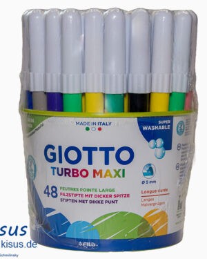 GIOTTO Turbo Maxi 48 Stifte in 12 Farben in der Dose (gelb, orange, rosa, rot, braun, lila, hellgrün, dunkelgrün, hellblau, dunkelblau, grau, schwarz) Maxi Fasermaler. Langlebige, extra robuste, eindrücksichere Spitze Ø 5 mm, ventilierte Kappe, Rückstoßsicherung und Sicherheitsverschluss. Auswaschbare, unbedenkliche Tinten auf Wasserbasis. Auswaschbar aus Textilien bei 40° C mit einem normalen Waschmaschinenprogramm. Kisus e.K. - Kinder, Spiel und Spaß - Foto: Florian Schmilinsky