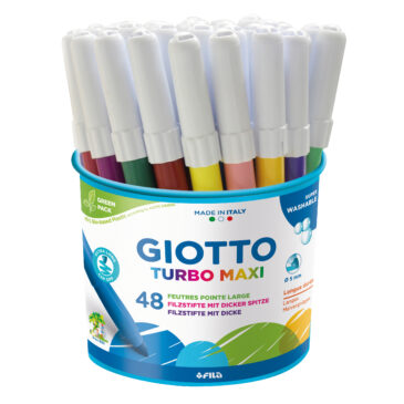 GIOTTO Turbo Maxi 48 Stifte in 12 Farben in der Dose (gelb, orange, rosa, rot, braun, lila, hellgrün, dunkelgrün, hellblau, dunkelblau, grau, schwarz) Die GIOTTO Turbo Maxi Fasermaler haben eine extragroße 5 mm Spitze für Turbo-Zeichnungen! Alle Maxi Filzstifte verfügen über eine stoßsichere Faserspitze, die besonders fest und langlebig ist. Die Farben auf Wasserbasis sind für Kinder vollkommen unbedenklich. Für den idealen Schutz verfügen die Stifte über eine belüftete Sicherheitskappe. Die Farben lassen sich einfach von den Händen und aus Kleidungsstücken waschen. Und damit nicht genug: Dank des integrierten Austrocknungsschutzes trocknen die bei Kindern besonders beliebten Turbo Maxi Stifte nicht aus, auch wenn der Stift mal offen liegen bleibt.