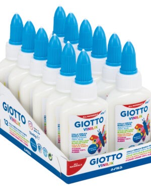 GIOTTO Vinilik Kleber 12 Flaschen á 40 g Stark klebend ist Vinilik ideal für Papier, Pappe, Karton, Holz, Keramik, Stoff und andere Materialien, die in Schule und Büro genutzt werden. Er trocknet schnell und wird danach durchsichtig. Ungewünschte Flecken, die beim Auftragen entstehen, können abgewischt werden, bevor sie getrocknet sind. Der Klebstoff kann von Stoff durch waschen entfernt werden. Lösungsmittelfrei, auf Wasserbasis.