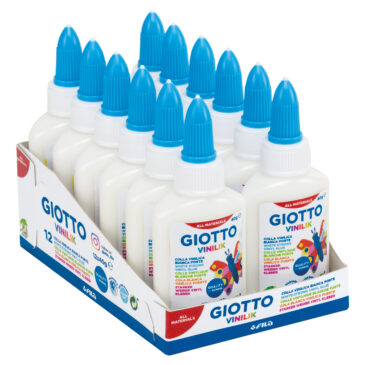 GIOTTO Vinilik Kleber 12 Flaschen á 40 g Stark klebend ist Vinilik ideal für Papier, Pappe, Karton, Holz, Keramik, Stoff und andere Materialien, die in Schule und Büro genutzt werden. Er trocknet schnell und wird danach durchsichtig. Ungewünschte Flecken, die beim Auftragen entstehen, können abgewischt werden, bevor sie getrocknet sind. Der Klebstoff kann von Stoff durch waschen entfernt werden. Lösungsmittelfrei, auf Wasserbasis.