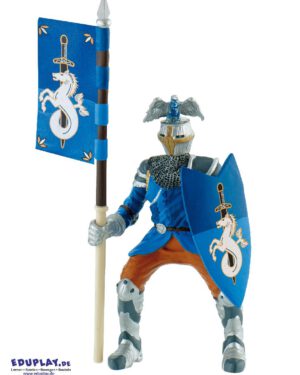 Turnierritter blau Spielfigur Das Mittelalter übt seit jeher eine große Faszination aus ... Besonders für Jungen bietet die Epoche viele Möglichkeiten für fantasievolle Rollenspiele. So können Ritterturniere oder auch große Schlachten nachgespielt werden. Die detailgetreue Spielfigur ist liebevoll von Hand bemalt und aus PVC-freiem Grundmaterial gefertigt. Der hier dargestellte Ritter ist bereit für seinen Kampf. Er trägt eine blaue Rüstung und hat in der einen Hand sein Schild und trägt in der anderen stolz die eigene Fahne.