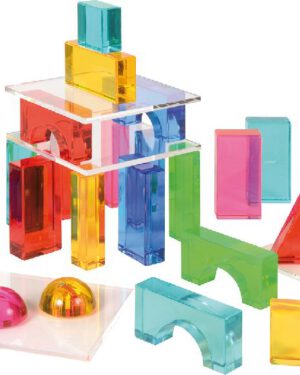 Acryl Geo Bausteine 32-tlg. Transparente Bausteine in wunderschön leuchtenden Farben ... Die handschmeichelnden Geo Bausteine faszinieren beim Spielen und Bauen durch ihre glänzende Oberfläche und durchscheinende Reflexionen mit tollen Farbeffekten. Mit sechs verschiedenen Formen und vier quadratischen Platten können Kinder transluzente Bauwerke mit mehreren Ebenen gestalten.