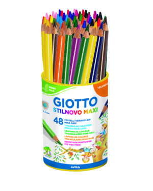 GIOTTO Stilnovo Maxi hex Farbstift Runddose 48 Stück sort. Dreiflächiger Stift in Minenfarbe mit einem Lack auf Wasserbasis lackiert mit silberfarbenen Kanten. Mit einer 4,3 mm Mine in hervorragender Qualität und Ergiebigkeit, aus zertifiziertem Holz, einem nachwachsenden Rohstoff. Länge 18 cm. Sicher und konform mit der europäischen Norm für Kinderspielzeug.
