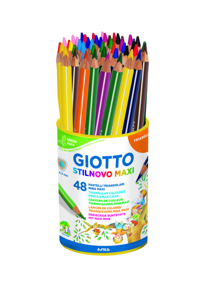 GIOTTO Stilnovo Maxi hex Farbstift Runddose 48 Stück sort. Dreiflächiger Stift in Minenfarbe mit einem Lack auf Wasserbasis lackiert mit silberfarbenen Kanten. Mit einer 4,3 mm Mine in hervorragender Qualität und Ergiebigkeit, aus zertifiziertem Holz, einem nachwachsenden Rohstoff. Länge 18 cm. Sicher und konform mit der europäischen Norm für Kinderspielzeug.