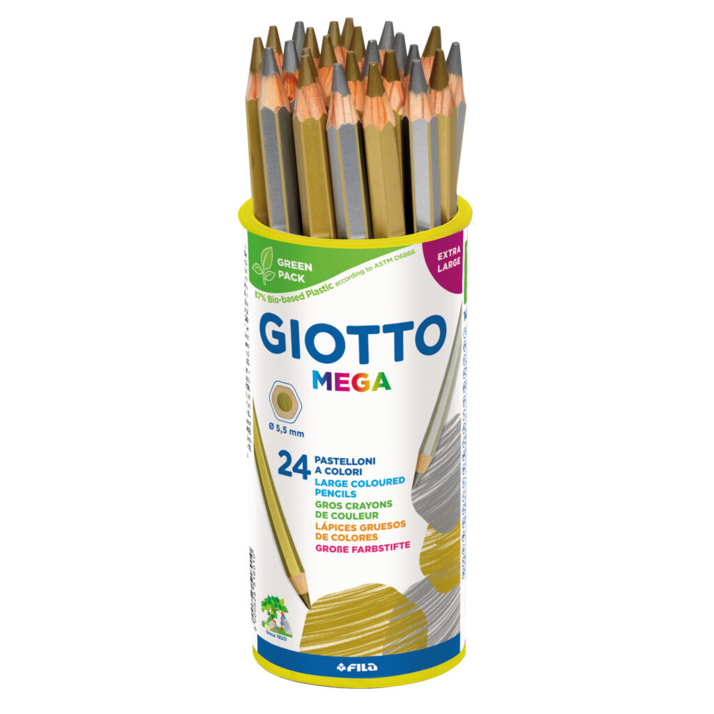 GIOTTO Mega hex Farbstift gold + silber, 24 Stk. in der Runddose Hexagonaler Farbstift, 18 cm Länge, Holzschaft in Schriftfarbe lackiert, mit Goldkanten. Mine Ø 5,5 mm. 14x gold 10x silber