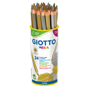 GIOTTO Mega hex Farbstift gold + silber, 24 Stk. in der Runddose Hexagonaler Farbstift, 18 cm Länge, Holzschaft in Schriftfarbe lackiert, mit Goldkanten. Mine Ø 5,5 mm. 14x gold 10x silber