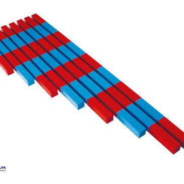 Montessori Numerische Stangen Zahlen und deren Reihenfolge verstehen ... Das Set besteht aus zehn Holzstangen, die in abwechselnden roten und blauen Segmenten unterteilt sind, von 10 cm bis 100 cm. Jede Stange stellt eine Zahl von eins bis zehn dar, wobei die Länge der Stangen mit der Zahl kumulativ wächst. Dieses Material fördert das Erkennen von Zahlenabfolgen und hilft den Kindern, Größenverhältnisse sowie einfache mathematische Konzepte wie Addition und Subtraktion zu begreifen.