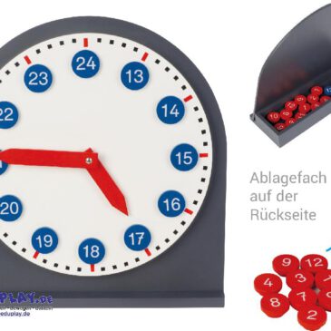 Montessori Uhr mit herausnehmbaren Ziffern 24-Stunden-Uhr mit beweglichen Zeigern ... Die Uhr mit herausnehmbaren Ziffern bringt Kindern das Konzept von Zeit und Uhrzeiten anschaulich näher. Mit frei beweglichen Zeigern können die Stunden und Minuten individuell eingestellt werden, wodurch das Verständnis für die Funktion der Uhrzeiger gefördert wird. Die Uhr enthält zwei Ziffernsätze: rote Zahlen von 1 bis 12 und blaue Zahlen von 13 bis 24, die abnehmbar sind und das Erlernen des 24-Stunden-Formats erleichtern. Der praktische Ständer mit integriertem Ablagefach auf der Rückseite bietet Platz zur sicheren Aufbewahrung der Ziffern.