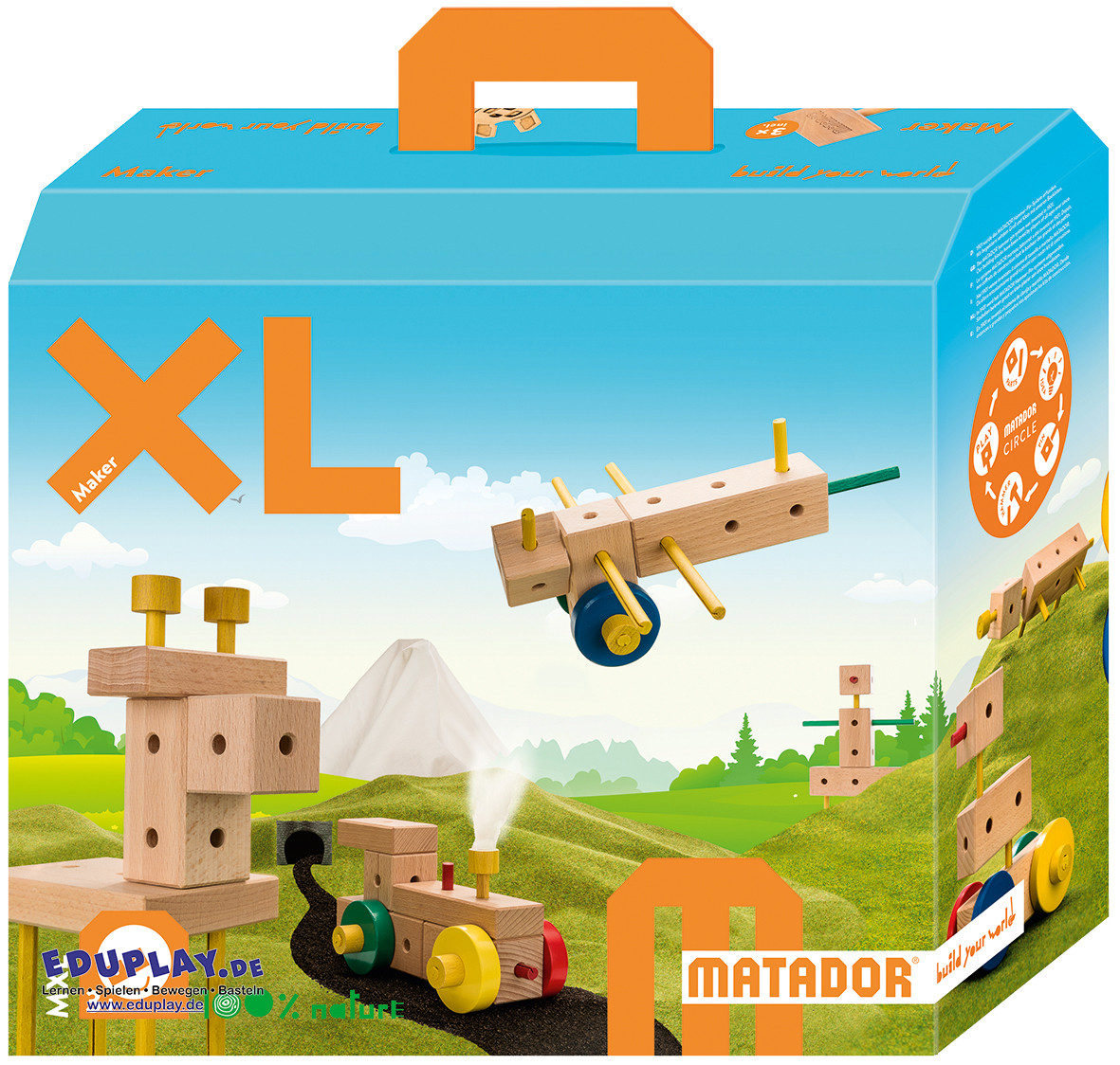 Matador Maker MXL 350 Teile Kreativ bauen, entdecken und spielerisch lernen ... Mit den Holzbaukästen von Matador tauchen Kinder ab 3 Jahren in die Welt des Bauens, Werkens und kreativen Erfindens ein. Bausteine und Verbindungsstäbchen werden mit Hammer, Zange und Keil zusammengefügt. So entstehen Fahrzeuge, Tiere, Figuren und Alltagsgegenstände nach Vorlagen - oder eigene Kreationen. Beim Spielen fördern Kinder ihre Feinmotorik, Hand-Auge-Koordination, räumliches Denken und Problemlösefähigkeiten. Alle Teile sind aus 100% österreichischem Holz, langlebig und kindgerecht dimensioniert. Die bebilderten Bauanleitungen geben zahlreiche Anregungen für eigene Bauideen. 350 Teile, Werkzeuge: 3 Hämmer, 3 Zangen, 3 Keile, inkl. Vorlagenheft: 3 Bauanleitungen, bis zu 55 Bauideen. Perfekt für Gruppen bis zu drei Kindern, um gemeinsam komplexere Bauwerke zu erschaffen und in die Technikwelt einzutauchen.