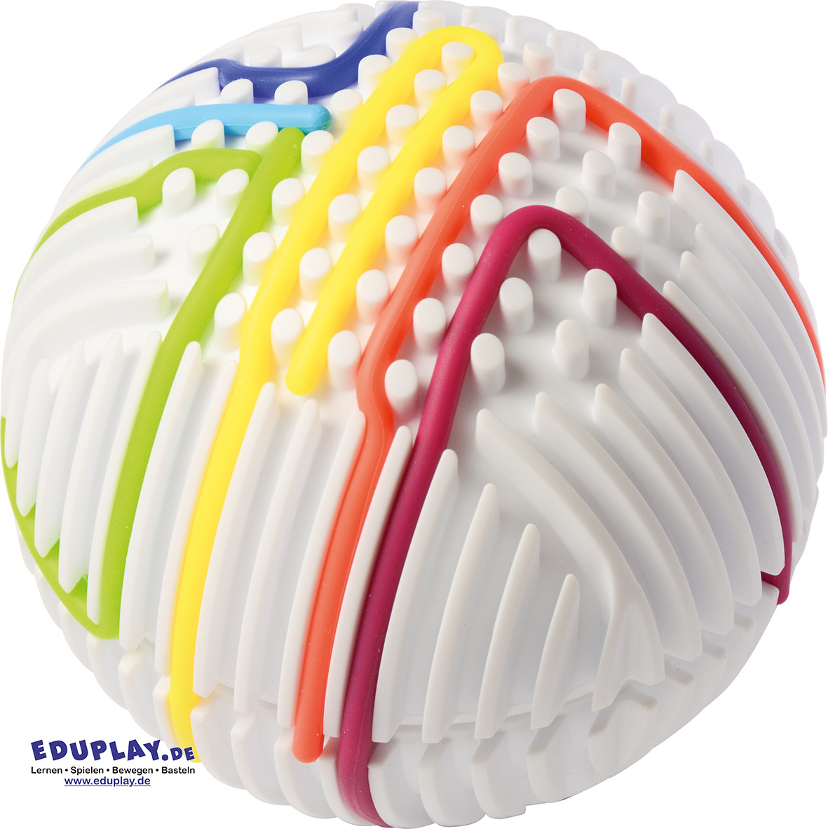 Sensorik-Aktivitätsball Außergewöhnlicher Ball für kleine Entdeckerhände ... Die Oberfläche des Balls ist wie ein Labyrinth mit vielen vertieften Rillen gestaltet. Kinder können die beiliegenden 15 Gummischnüre in die Vertiefungen drücken und so immer neue Muster und Wege gestalten. Dabei werden spielerisch die Feinmotorik, Konzentration und taktile Wahrnehmung gefördert.